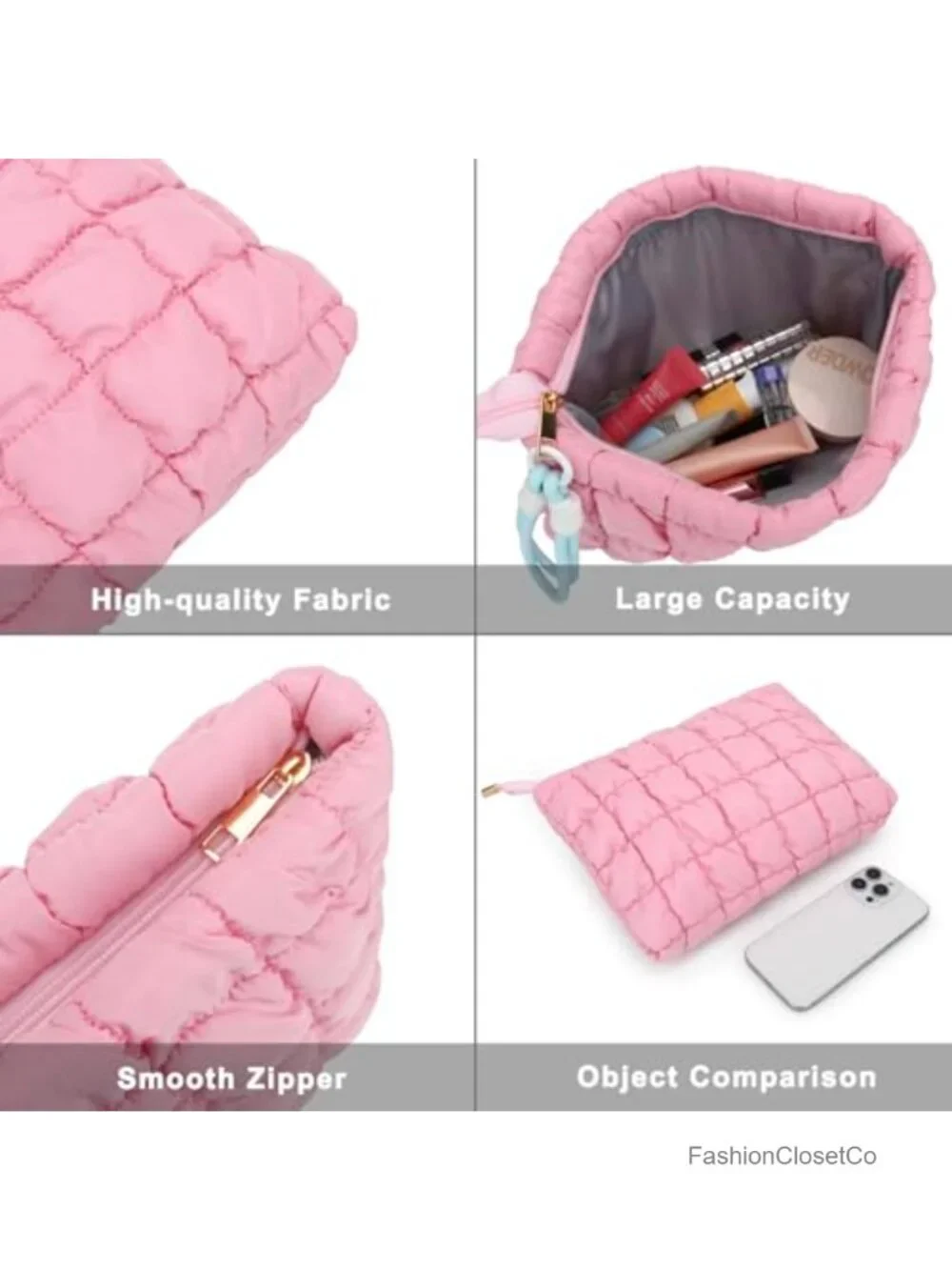 Quilted Puffer Makeup Bag with Detachable Wrist Strap, Travel Toiletry